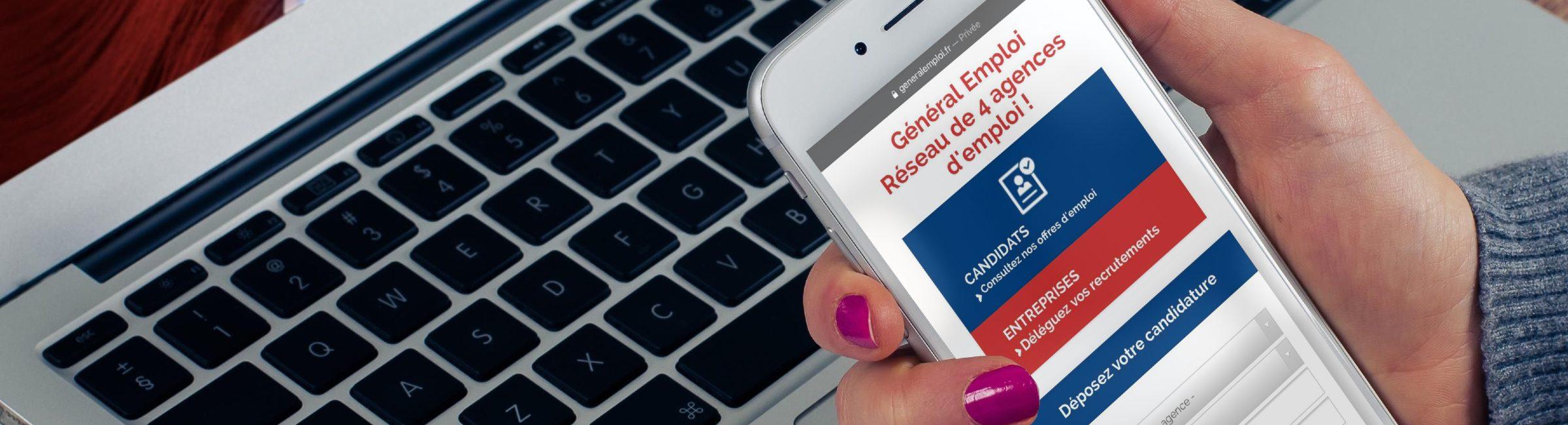 Mockup d'un smartphone connecté sur le site de Général Emploi